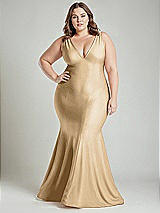 Alt View 2 Thumbnail - Soft Gold Shirred Shoulder Stretch Satin Mermaid Dress with Slight Train