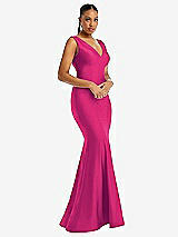 Alt View 1 Thumbnail - Think Pink Shirred Shoulder Stretch Satin Mermaid Dress with Slight Train