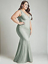 Alt View 3 Thumbnail - Willow Green Shirred Shoulder Stretch Satin Mermaid Dress with Slight Train