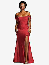 Front View Thumbnail - Poppy Red Off-the-Shoulder Corset Stretch Satin Mermaid Dress with Slight Train