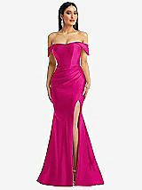 Alt View 1 Thumbnail - Think Pink Off-the-Shoulder Corset Stretch Satin Mermaid Dress with Slight Train