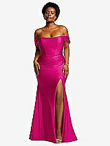 Front View Thumbnail - Think Pink Off-the-Shoulder Corset Stretch Satin Mermaid Dress with Slight Train