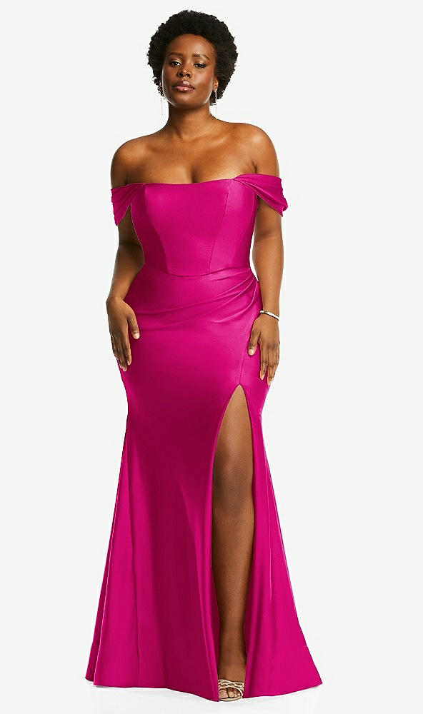 Front View - Think Pink Off-the-Shoulder Corset Stretch Satin Mermaid Dress with Slight Train