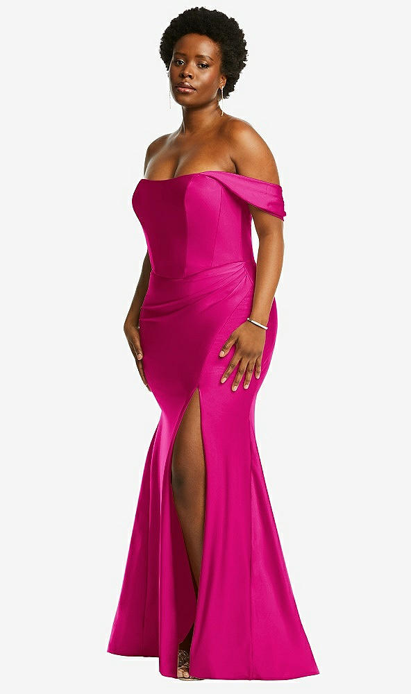 Back View - Think Pink Off-the-Shoulder Corset Stretch Satin Mermaid Dress with Slight Train