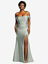 Front View Thumbnail - Willow Green Off-the-Shoulder Corset Stretch Satin Mermaid Dress with Slight Train