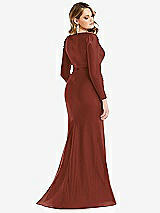 Rear View Thumbnail - Auburn Moon Long Sleeve Draped Wrap Stretch Satin Mermaid Dress with Slight Train