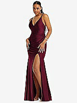 Front View Thumbnail - Cabernet Deep V-Neck Stretch Satin Mermaid Dress with Slight Train