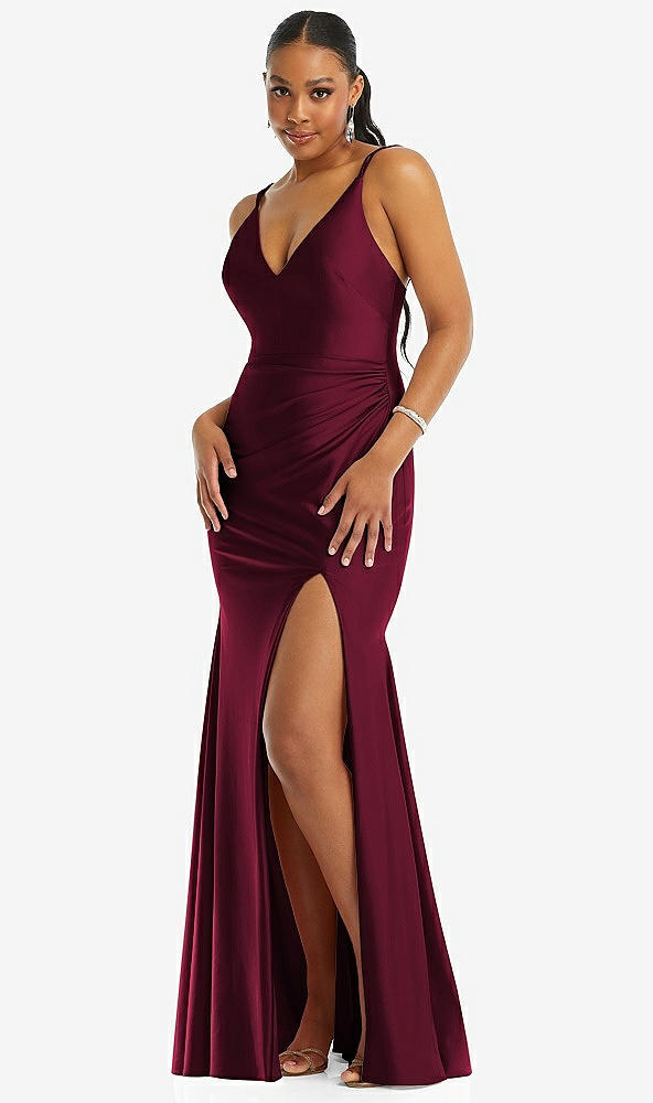 Front View - Cabernet Deep V-Neck Stretch Satin Mermaid Dress with Slight Train