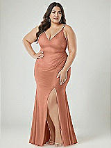 Alt View 2 Thumbnail - Copper Penny Deep V-Neck Stretch Satin Mermaid Dress with Slight Train