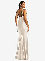 Rear View Thumbnail - Oat Deep V-Neck Stretch Satin Mermaid Dress with Slight Train