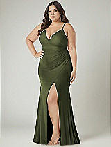 Alt View 1 Thumbnail - Olive Green Deep V-Neck Stretch Satin Mermaid Dress with Slight Train