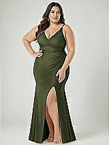 Alt View 2 Thumbnail - Olive Green Deep V-Neck Stretch Satin Mermaid Dress with Slight Train