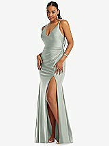 Front View Thumbnail - Willow Green Deep V-Neck Stretch Satin Mermaid Dress with Slight Train