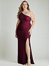 Alt View 1 Thumbnail - Cabernet One-Shoulder Asymmetrical Cowl Back Stretch Satin Mermaid Dress