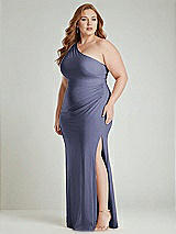 Alt View 2 Thumbnail - French Blue One-Shoulder Asymmetrical Cowl Back Stretch Satin Mermaid Dress