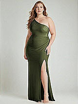 Alt View 1 Thumbnail - Olive Green One-Shoulder Asymmetrical Cowl Back Stretch Satin Mermaid Dress