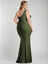 Alt View 3 Thumbnail - Olive Green One-Shoulder Asymmetrical Cowl Back Stretch Satin Mermaid Dress