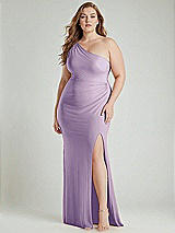 Alt View 1 Thumbnail - Pale Purple One-Shoulder Asymmetrical Cowl Back Stretch Satin Mermaid Dress