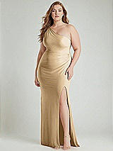 Alt View 1 Thumbnail - Soft Gold One-Shoulder Asymmetrical Cowl Back Stretch Satin Mermaid Dress