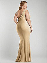 Alt View 3 Thumbnail - Soft Gold One-Shoulder Asymmetrical Cowl Back Stretch Satin Mermaid Dress
