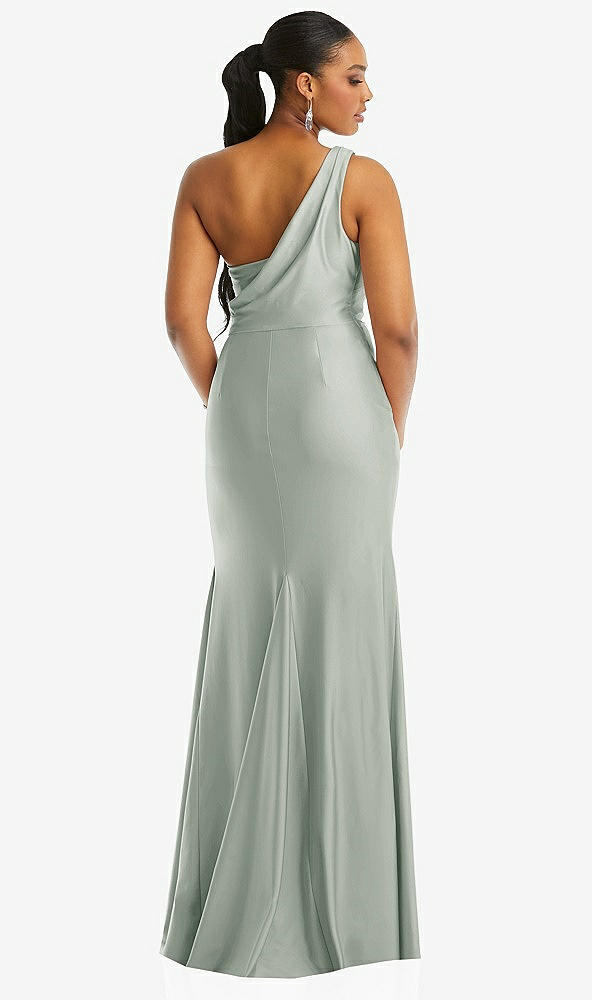 Back View - Willow Green One-Shoulder Asymmetrical Cowl Back Stretch Satin Mermaid Dress