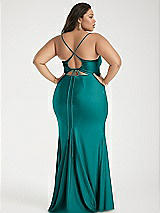 Alt View 3 Thumbnail - Peacock Teal Cowl-Neck Open Tie-Back Stretch Satin Mermaid Dress with Slight Train