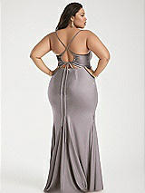 Alt View 3 Thumbnail - Cashmere Gray Cowl-Neck Open Tie-Back Stretch Satin Mermaid Dress with Slight Train