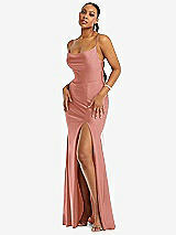 Alt View 1 Thumbnail - Desert Rose Cowl-Neck Open Tie-Back Stretch Satin Mermaid Dress with Slight Train