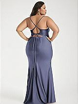 Alt View 3 Thumbnail - French Blue Cowl-Neck Open Tie-Back Stretch Satin Mermaid Dress with Slight Train