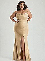 Alt View 2 Thumbnail - Soft Gold Cowl-Neck Open Tie-Back Stretch Satin Mermaid Dress with Slight Train
