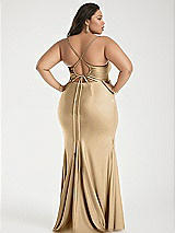 Alt View 3 Thumbnail - Soft Gold Cowl-Neck Open Tie-Back Stretch Satin Mermaid Dress with Slight Train
