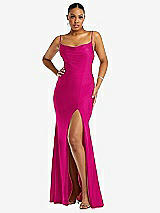 Front View Thumbnail - Think Pink Cowl-Neck Open Tie-Back Stretch Satin Mermaid Dress with Slight Train