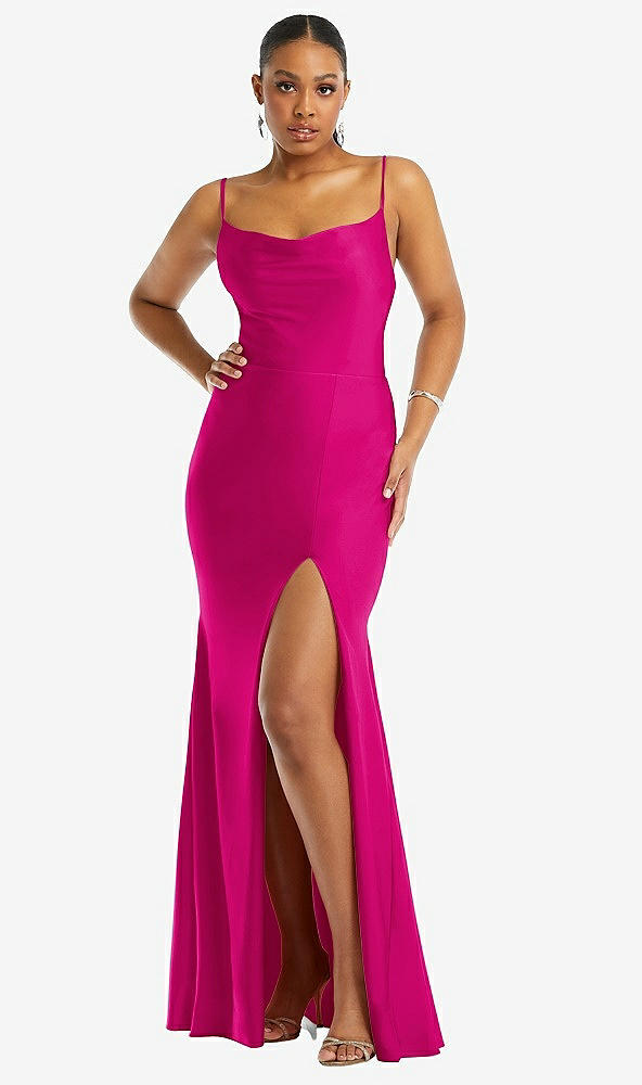 Front View - Think Pink Cowl-Neck Open Tie-Back Stretch Satin Mermaid Dress with Slight Train