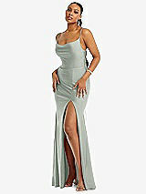 Alt View 1 Thumbnail - Willow Green Cowl-Neck Open Tie-Back Stretch Satin Mermaid Dress with Slight Train