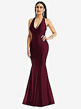 Front View Thumbnail - Cabernet Plunge Neckline Cutout Low Back Stretch Satin Mermaid Dress