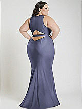 Alt View 3 Thumbnail - French Blue Plunge Neckline Cutout Low Back Stretch Satin Mermaid Dress