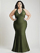 Alt View 1 Thumbnail - Olive Green Plunge Neckline Cutout Low Back Stretch Satin Mermaid Dress