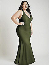 Alt View 2 Thumbnail - Olive Green Plunge Neckline Cutout Low Back Stretch Satin Mermaid Dress