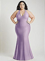 Alt View 1 Thumbnail - Pale Purple Plunge Neckline Cutout Low Back Stretch Satin Mermaid Dress