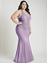 Alt View 2 Thumbnail - Pale Purple Plunge Neckline Cutout Low Back Stretch Satin Mermaid Dress