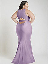 Alt View 3 Thumbnail - Pale Purple Plunge Neckline Cutout Low Back Stretch Satin Mermaid Dress