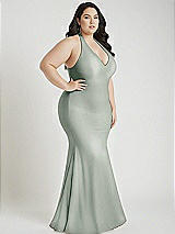 Alt View 2 Thumbnail - Willow Green Plunge Neckline Cutout Low Back Stretch Satin Mermaid Dress