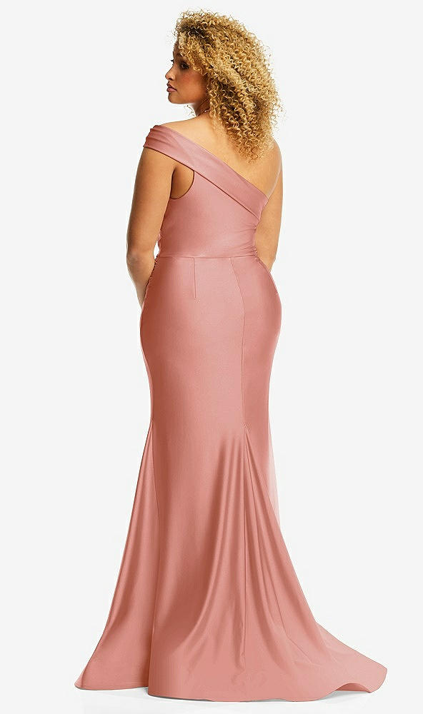 Back View - Desert Rose One-Shoulder Bias-Cuff Stretch Satin Mermaid Dress with Slight Train