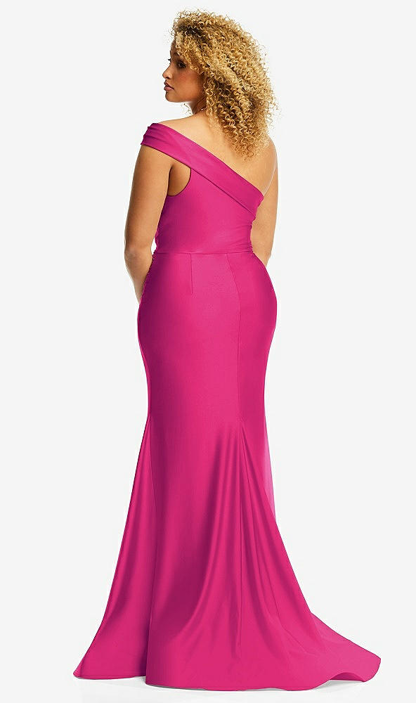 Back View - Think Pink One-Shoulder Bias-Cuff Stretch Satin Mermaid Dress with Slight Train