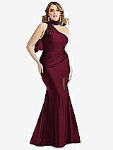 Alt View 1 Thumbnail - Cabernet Scarf Neck One-Shoulder Stretch Satin Mermaid Dress with Slight Train