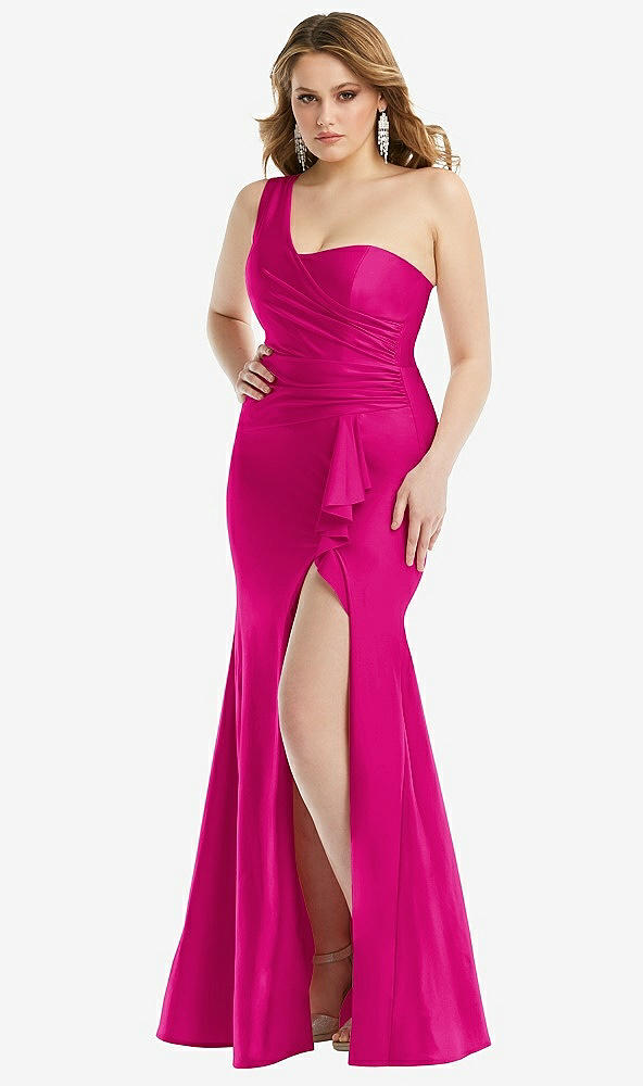 Front View - Think Pink One-Shoulder Bustier Stretch Satin Mermaid Dress with Cascade Ruffle