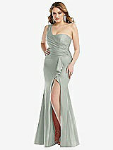 Front View Thumbnail - Willow Green One-Shoulder Bustier Stretch Satin Mermaid Dress with Cascade Ruffle