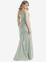 Rear View Thumbnail - Willow Green One-Shoulder Bustier Stretch Satin Mermaid Dress with Cascade Ruffle