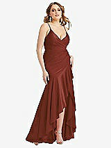 Front View Thumbnail - Auburn Moon Pleated Wrap Ruffled High Low Stretch Satin Gown with Slight Train