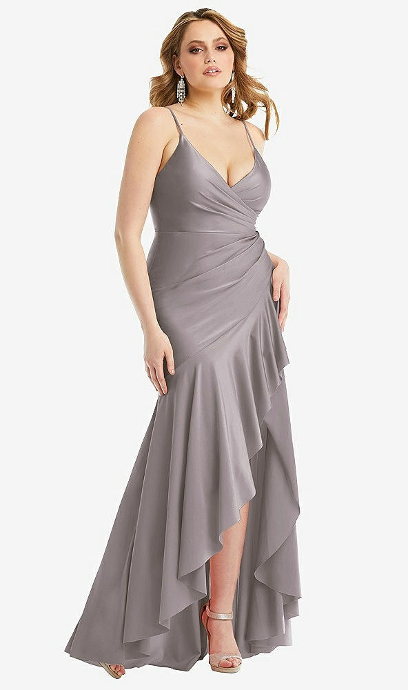 Front View - Cashmere Gray Pleated Wrap Ruffled High Low Stretch Satin Gown with Slight Train